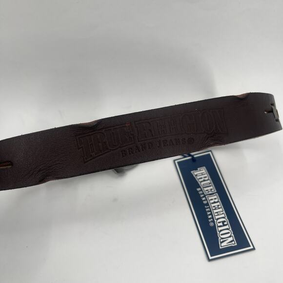 TRUE RELIGION Belt Size 22 NWT Brown Leather Stitch Detail Womens Buckle